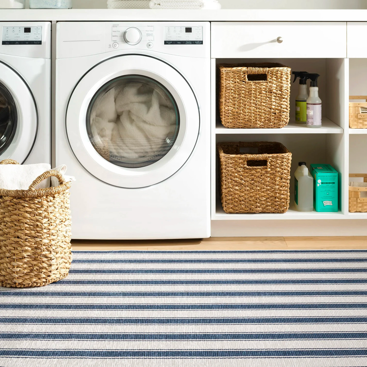 Laundry Room with Blue Pine Cone Hill Awning Stripe Machine Washable Rug