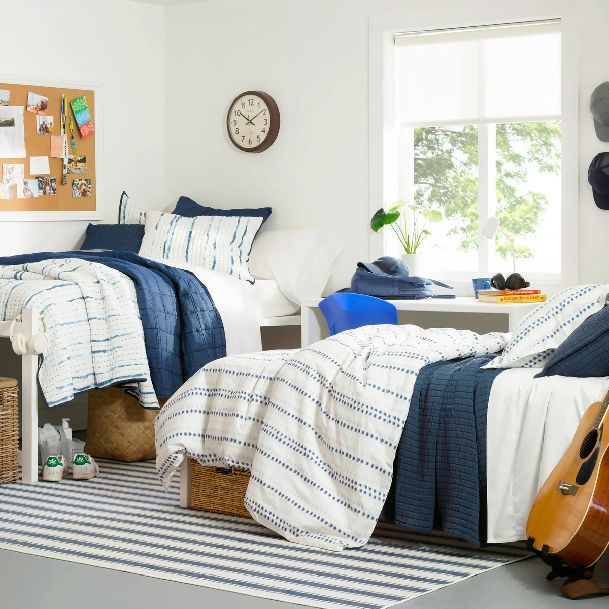 Blue Room with Blue Pine Cone Hill Awning Stripe Machine Washable Rug