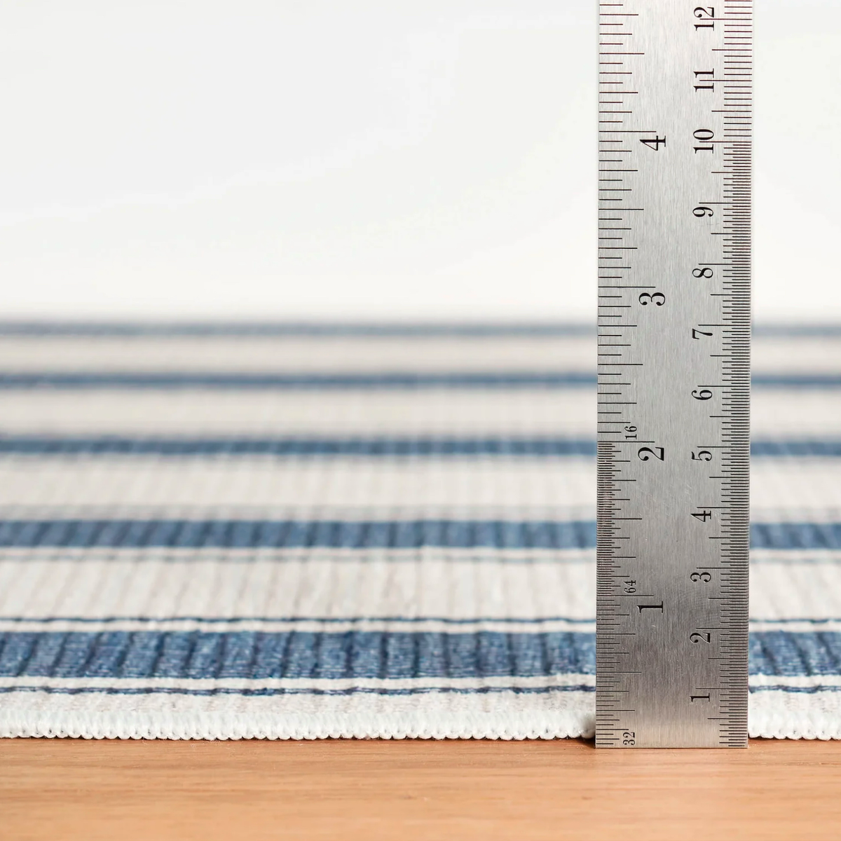 Thickness of Blue Pine Cone Hill Awning Stripe Machine Washable Rug