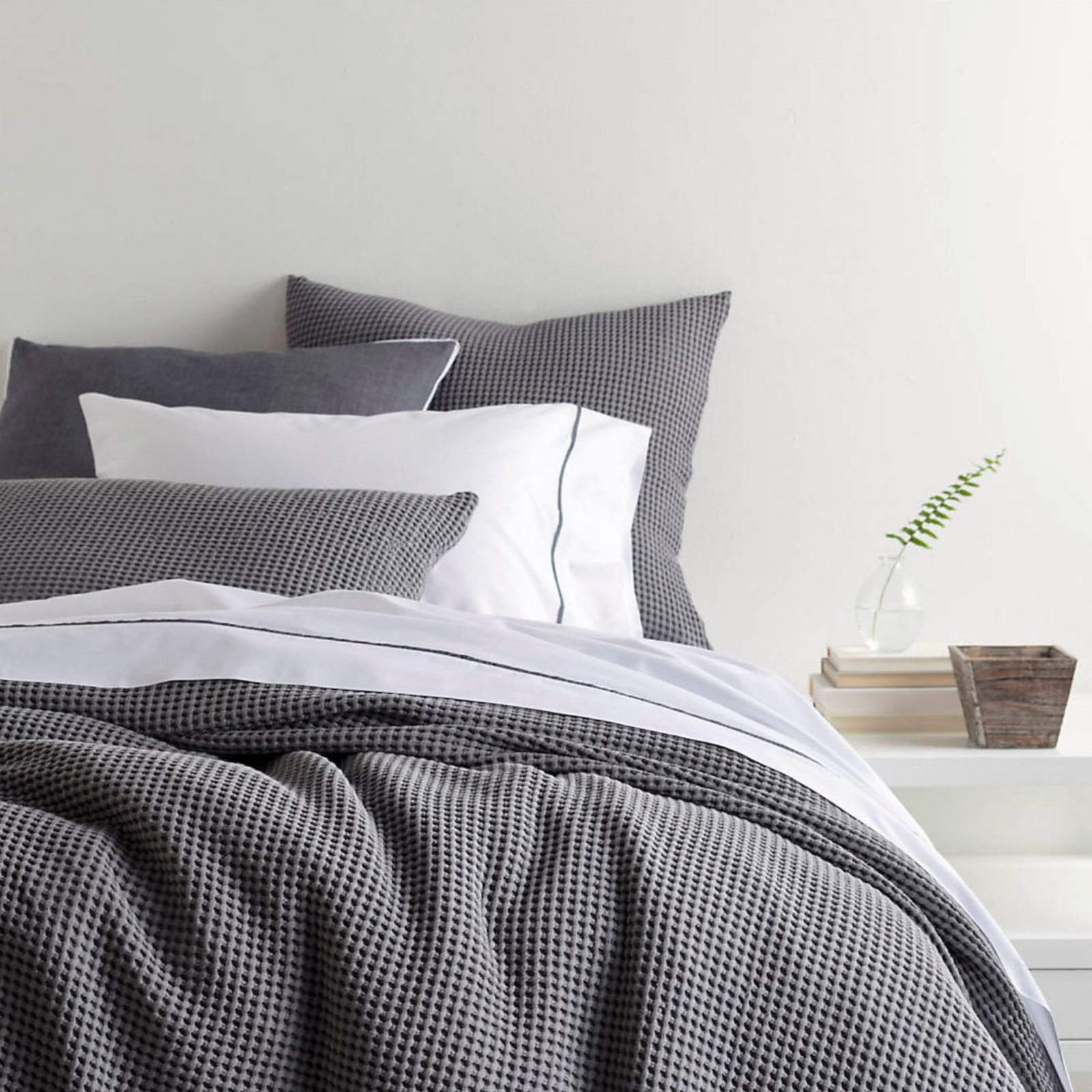 Closeup of Bed in Grey Pine Cone Hill Bubble Matelassé Coverlet & Shams