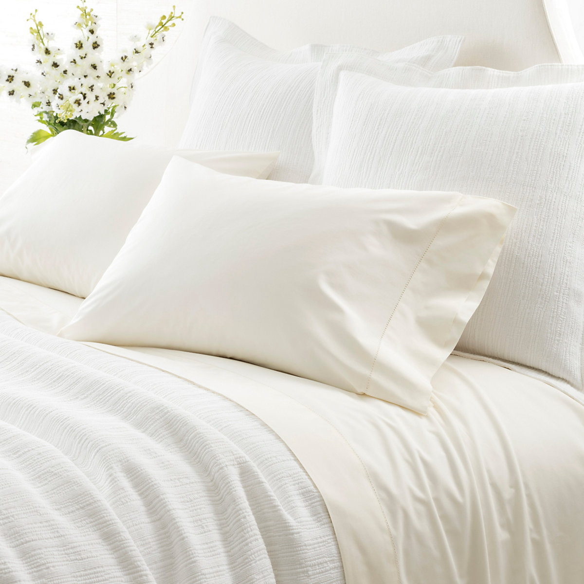 Pillowcases and Flat Sheet of Ivory Pine Cone Hill Classic Hemstitch Bedding with Coordinate
