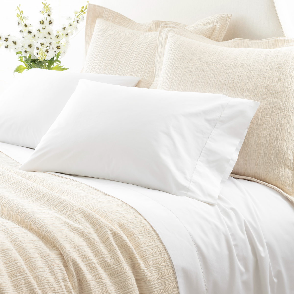  Pillowcases and Flat Sheet of White Pine Cone Hill Classic Hemstitch Bedding with Coordinate