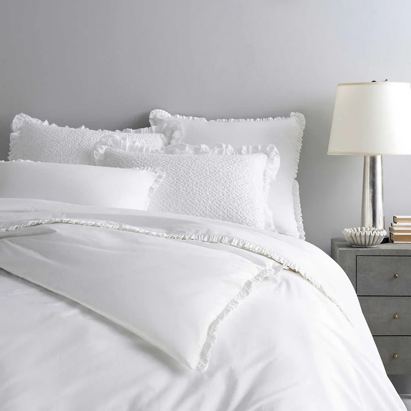 Lifestyle Image of Pine Cone Hill Classic Ruffle Duvet Cover in White Color