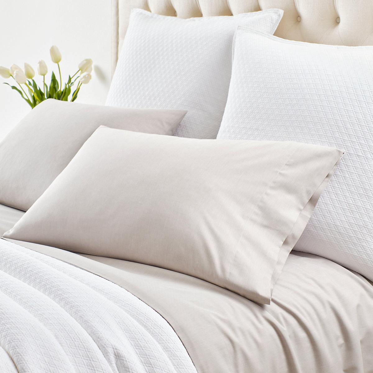 Pillowcase Closeup of Pine Cone Hill Cozy Cotton Bedding in Dove Grey Color