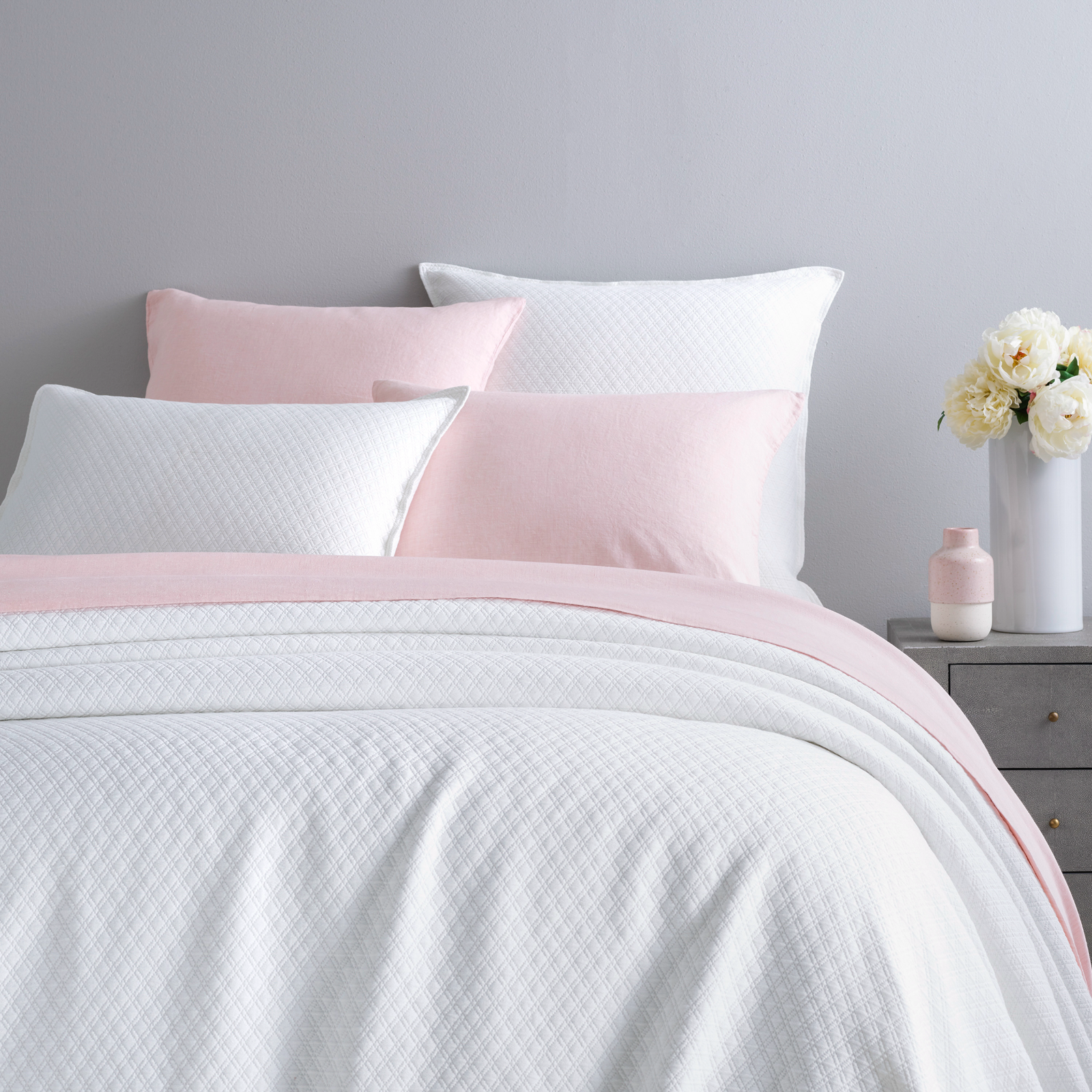 Closeup of Bed in White Pine Cone Hill Diamond Matelassé Bedding