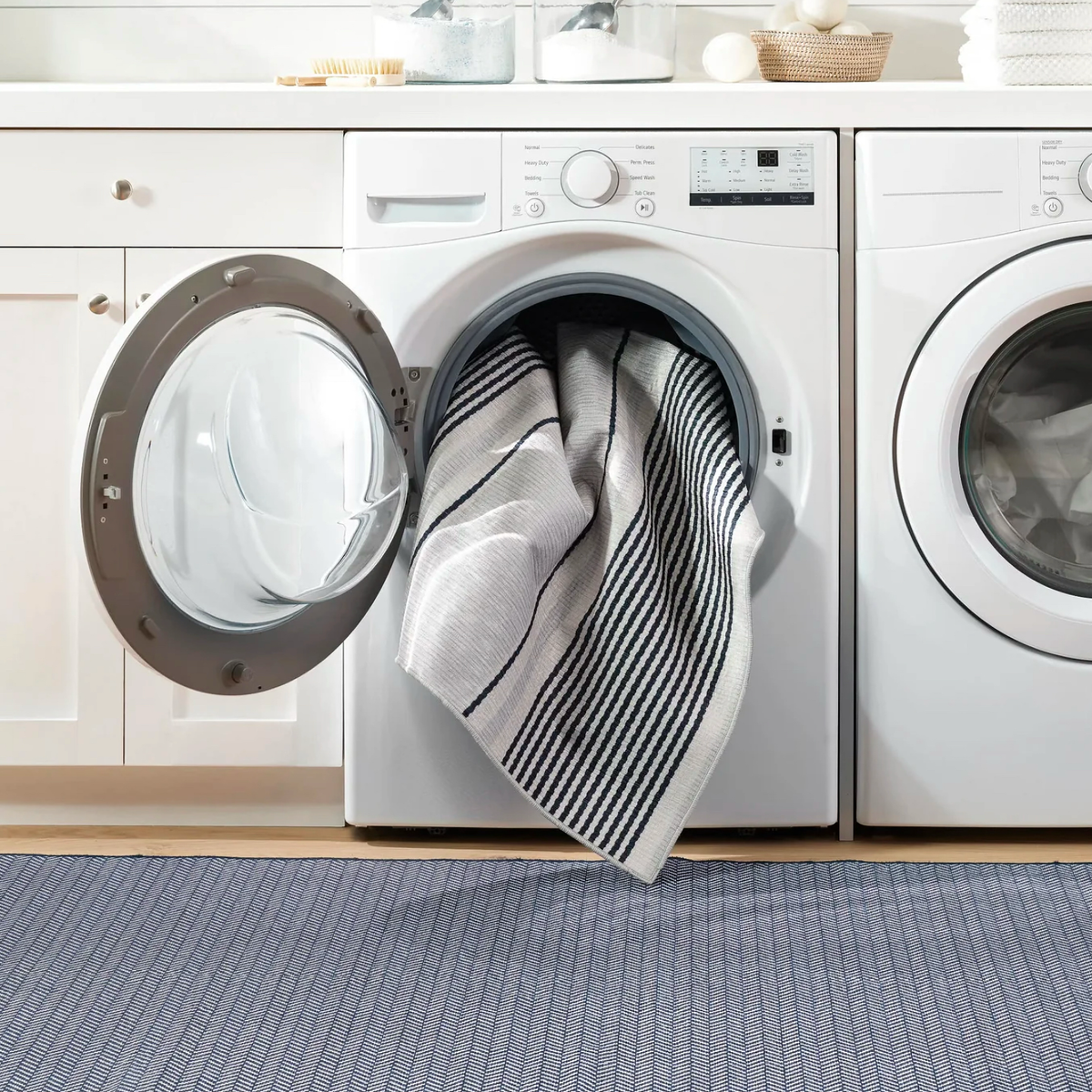 Laundry Room with Navy Pine Cone Hill Herringbone Machine Washable Rug