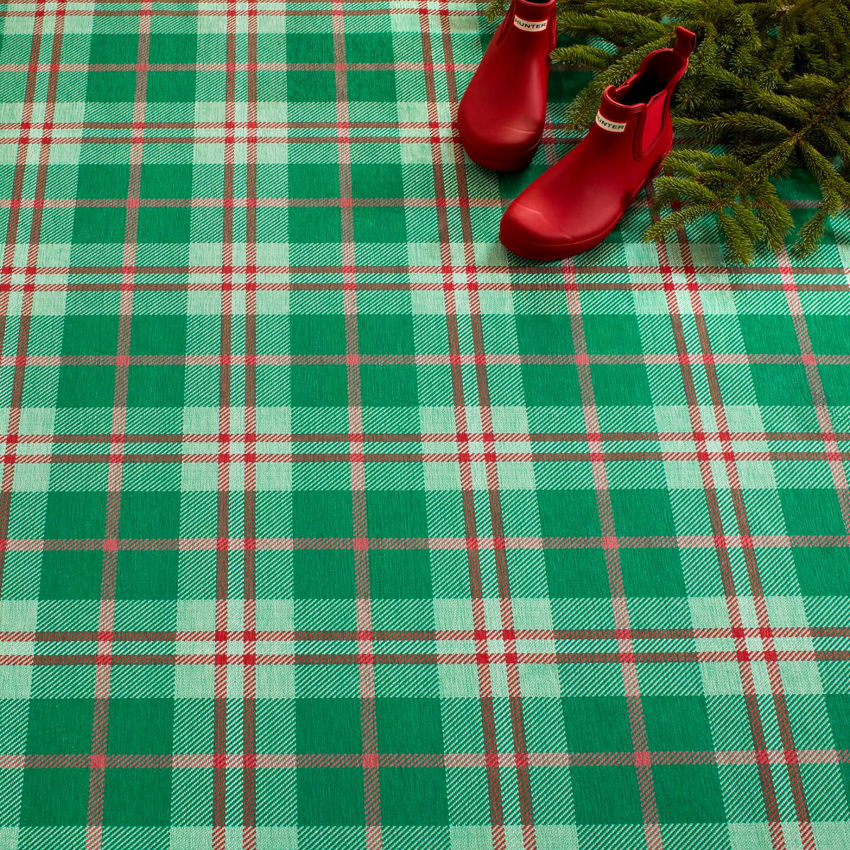 Red Boots on Pine Cone Hill Jolly Plaid Machine Washable Rug in Green Color