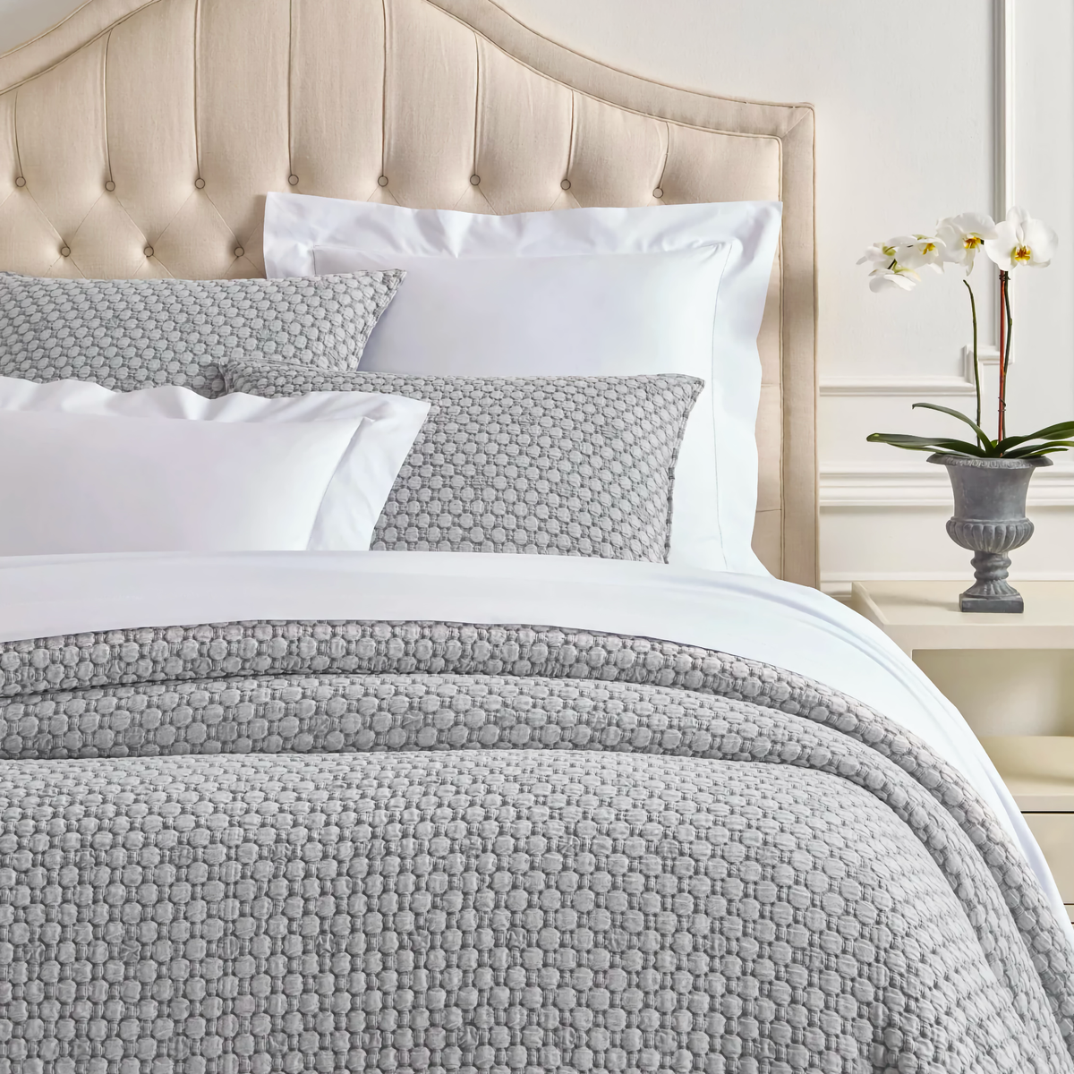 Closeup of Pine Cone Hill Lodi Matelasse Coverlet and Shams in Black and White