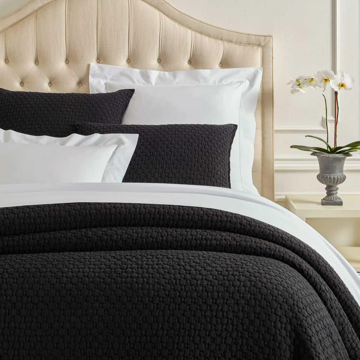 Closeup of Pine Cone Hill Lodi Matelasse Coverlet and Shams in Black