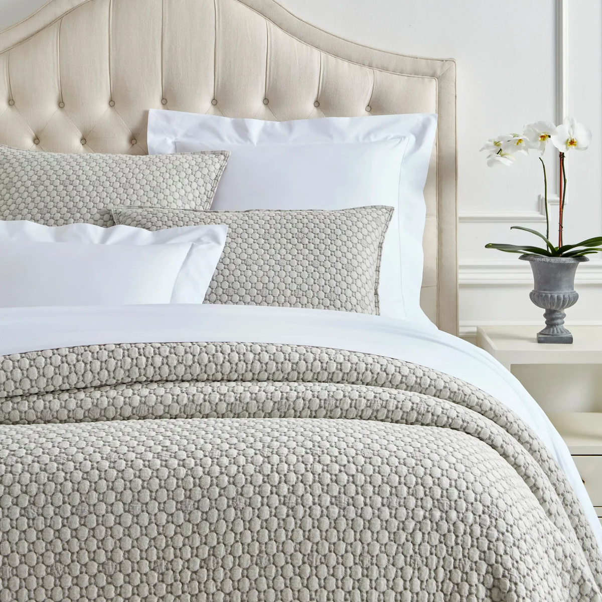 Closeup of Pine Cone Hill Lodi Matelasse Coverlet and Shams in Silver