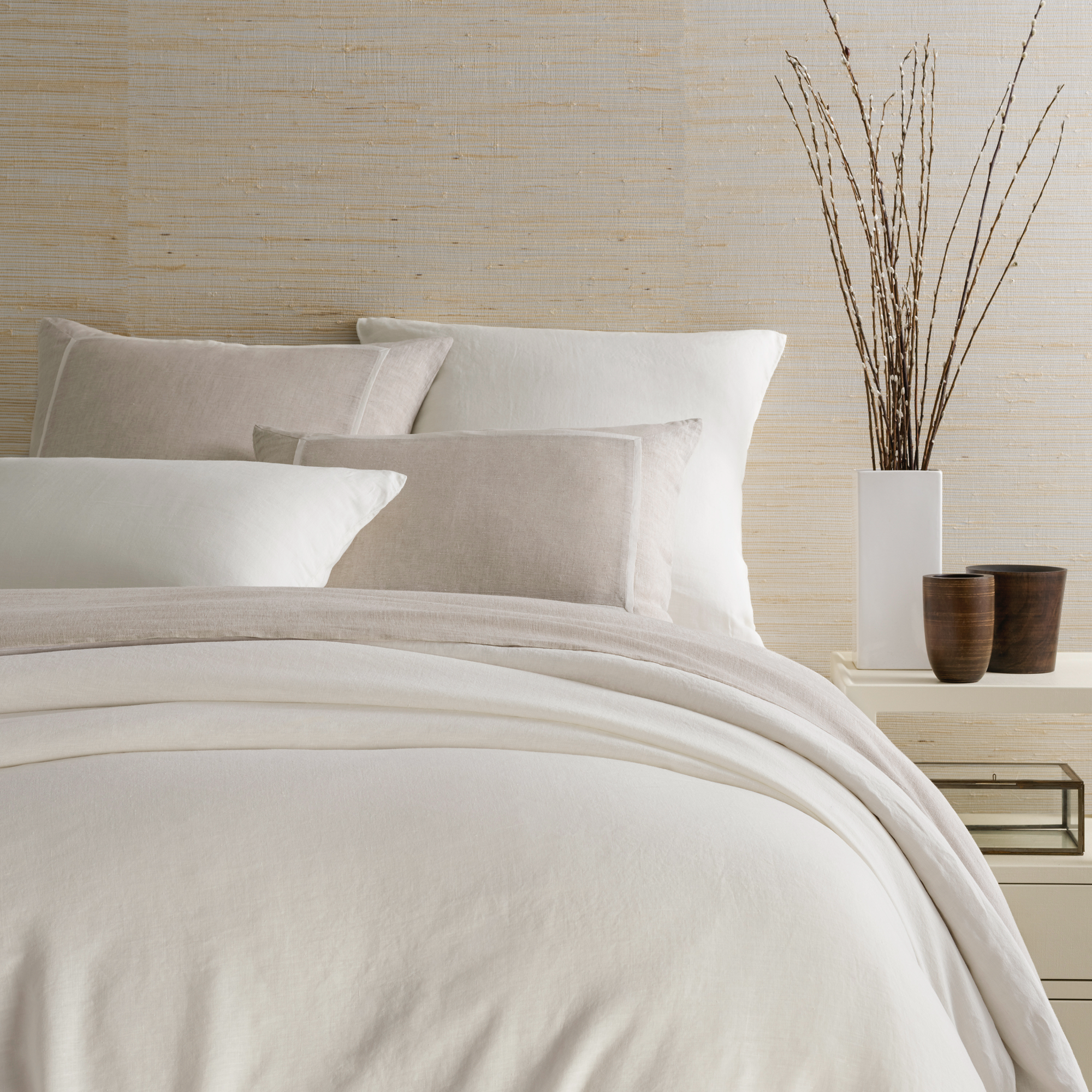 Closeup of Bed Dressed in Ivory Pine Cone Hill Lush Linen Bedding