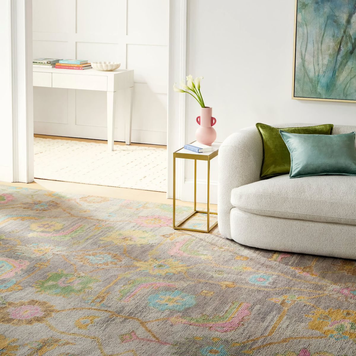 Sofa on Pine Cone Hill Masterpiece Rug Collection in Iris Design