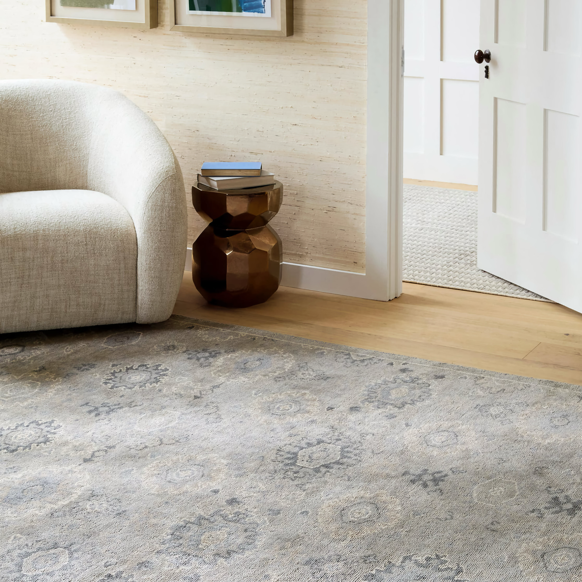 Sofa on Pine Cone Hill Masterpiece Rug Collection in Lila Design