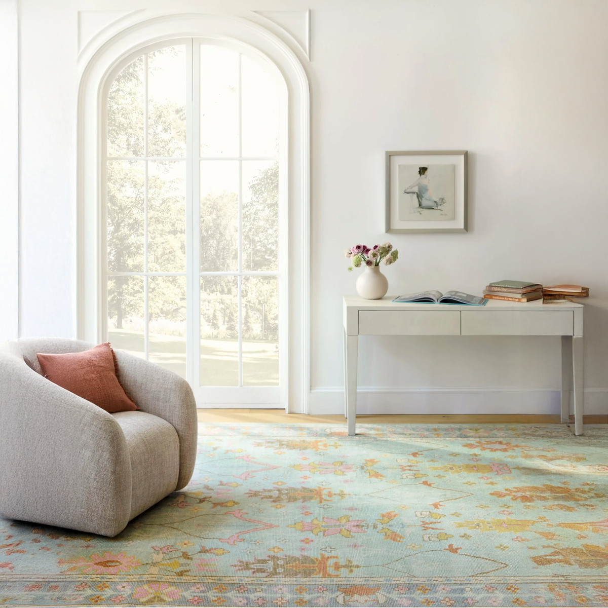 Sofa on Pine Cone Hill Masterpiece Rug Collection in Mara Design