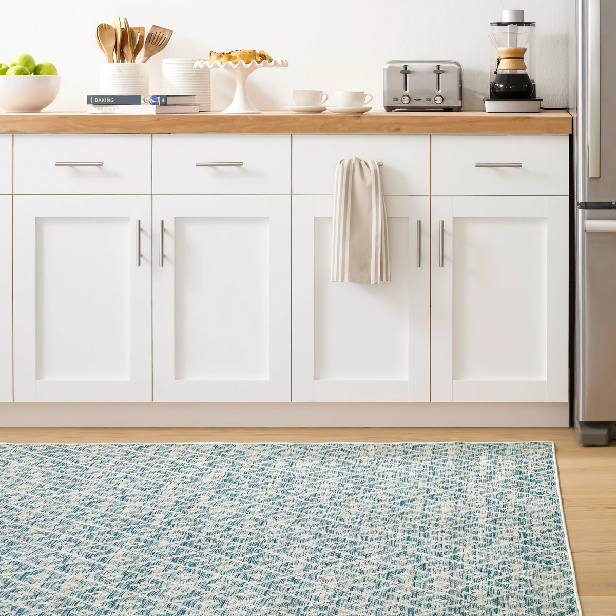 Kitchen Floor with Blue Pine Cone Hill Melange Diamond Machine Washable Rug