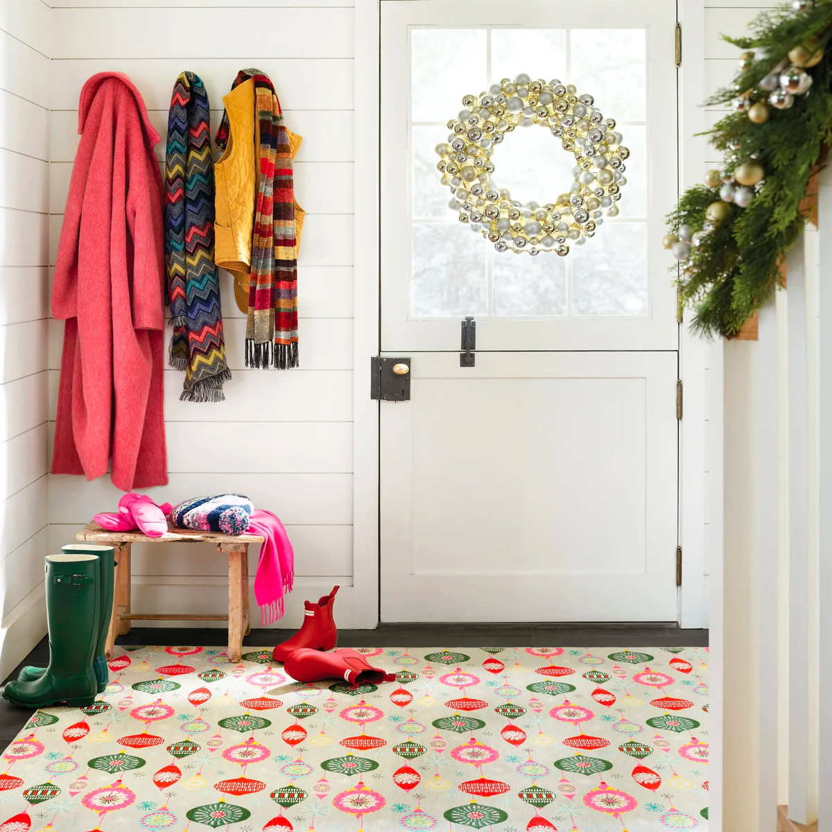 Christmas Theme Room with Pine Cone Hill Ornaments Machine Washable Rug