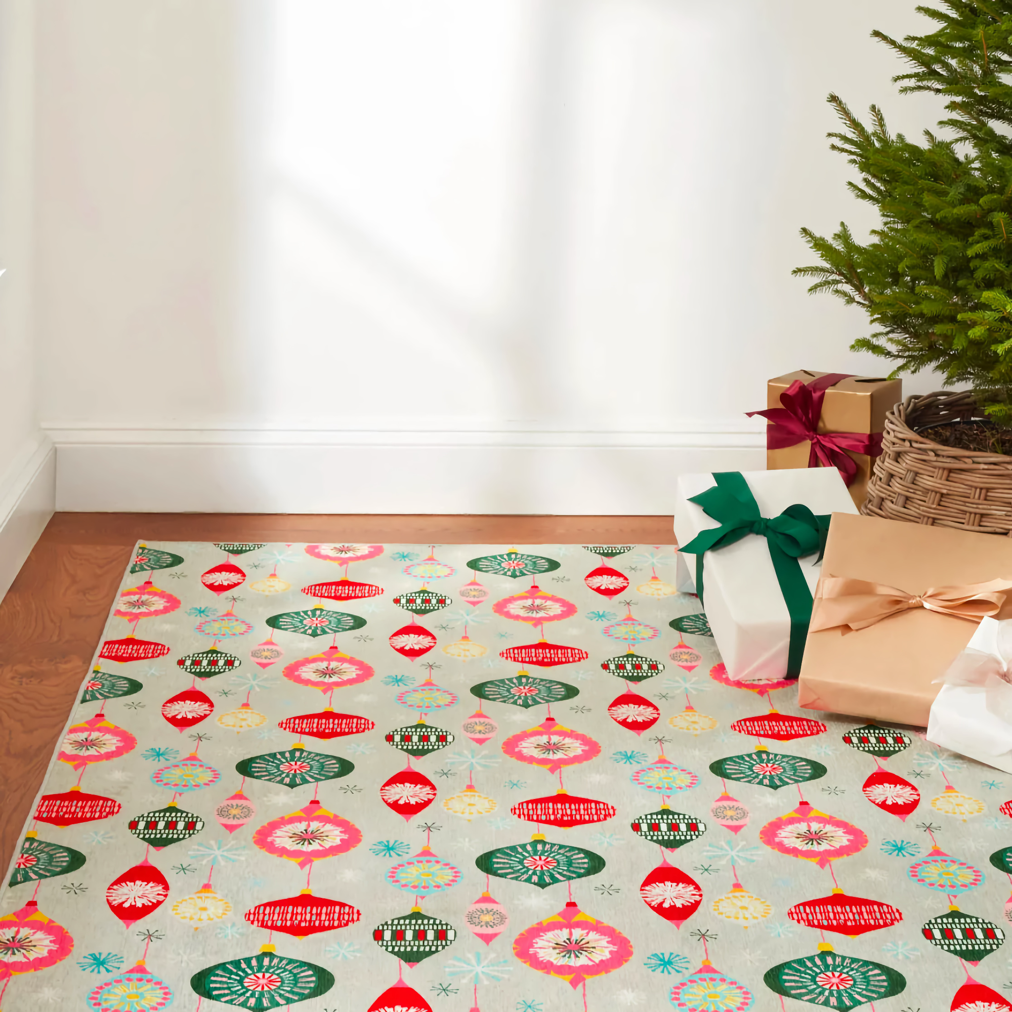 Christmas Presents on Pine Cone Hill Ornaments Machine Washable Rug