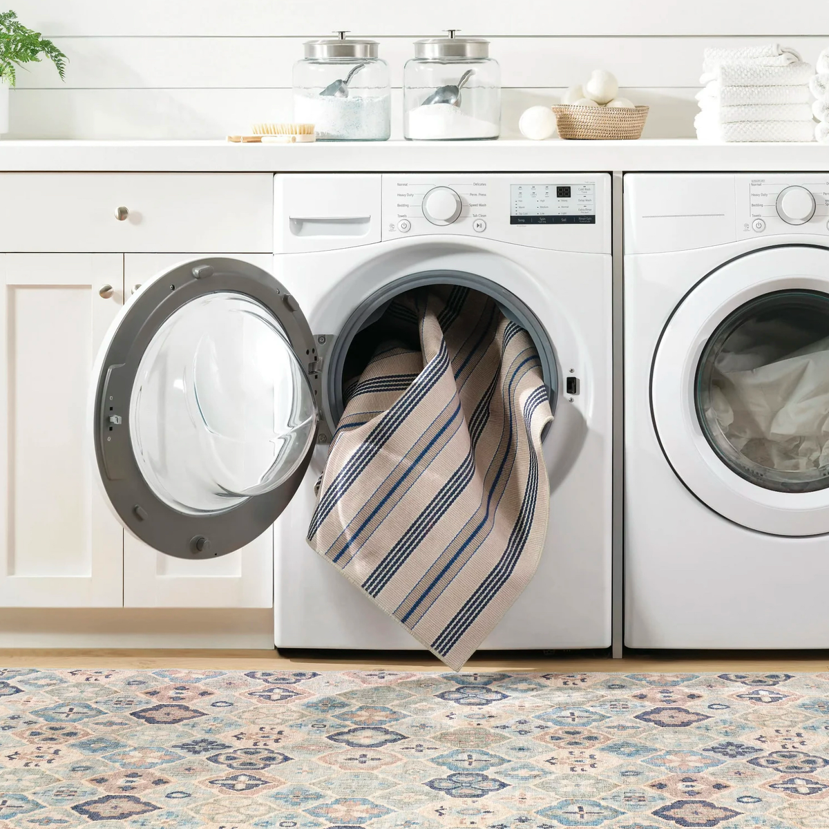 Laundry Room with Blue Pine Cone Hill Pali Machine Washable Rug