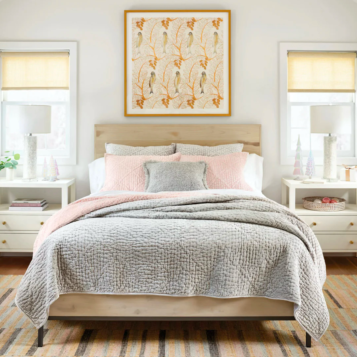 Coordinate Bedding with Pine Cone Hill Parisienne Velvet Quilt and Shams in Grey and Slipper Pink