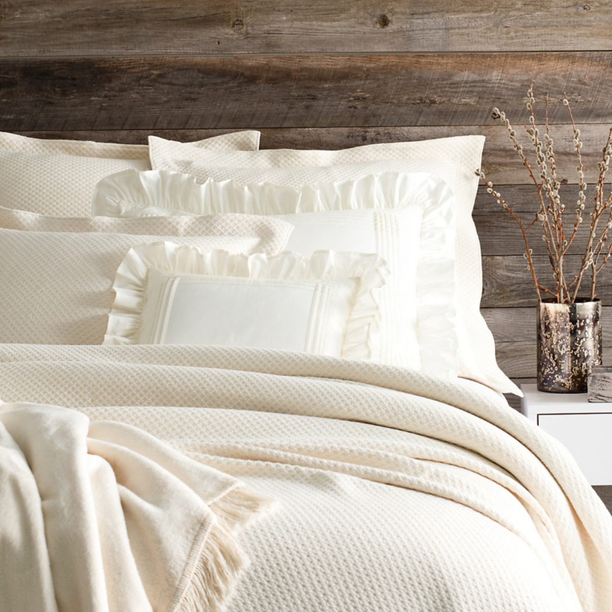 Bed Dressed in Pine Cone Hill Petite Trellis Matelassé Coverlet and Shams in Ivory Color