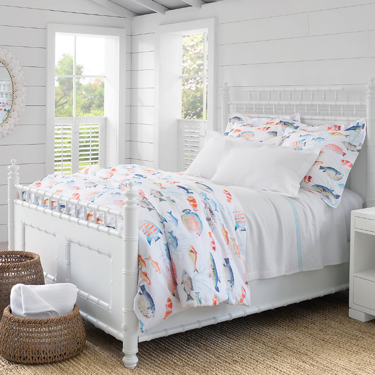 Lifestyle Shot of Pine Cone Hill Petite Trellis Matelassé Coverlet and Shams in White Color