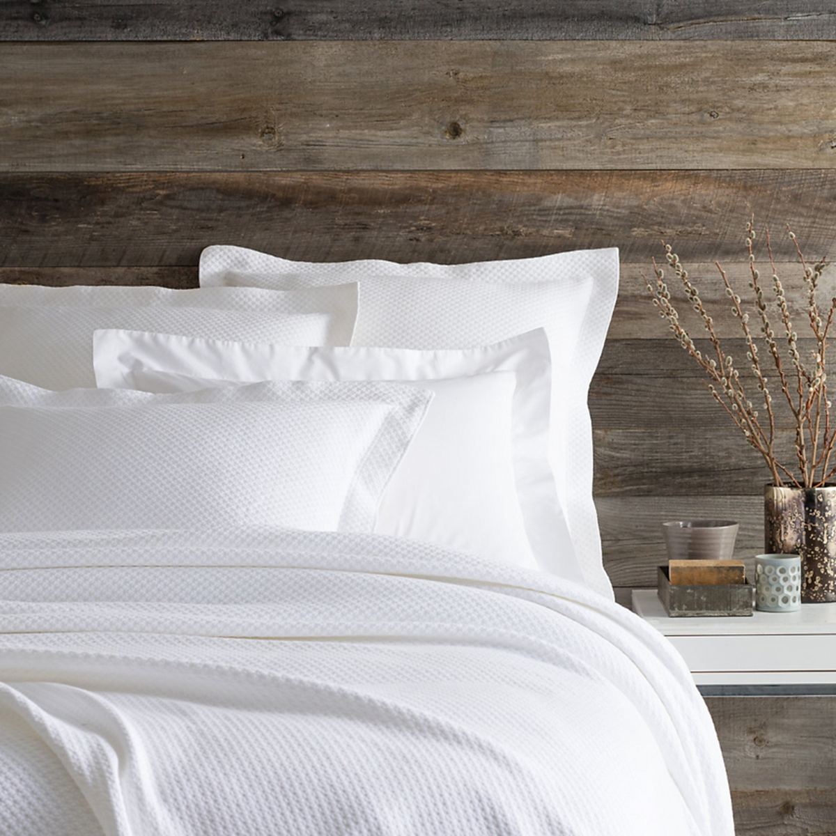 Bed Dressed in Pine Cone Hill Petite Trellis Matelassé Coverlet and Shams in White Color