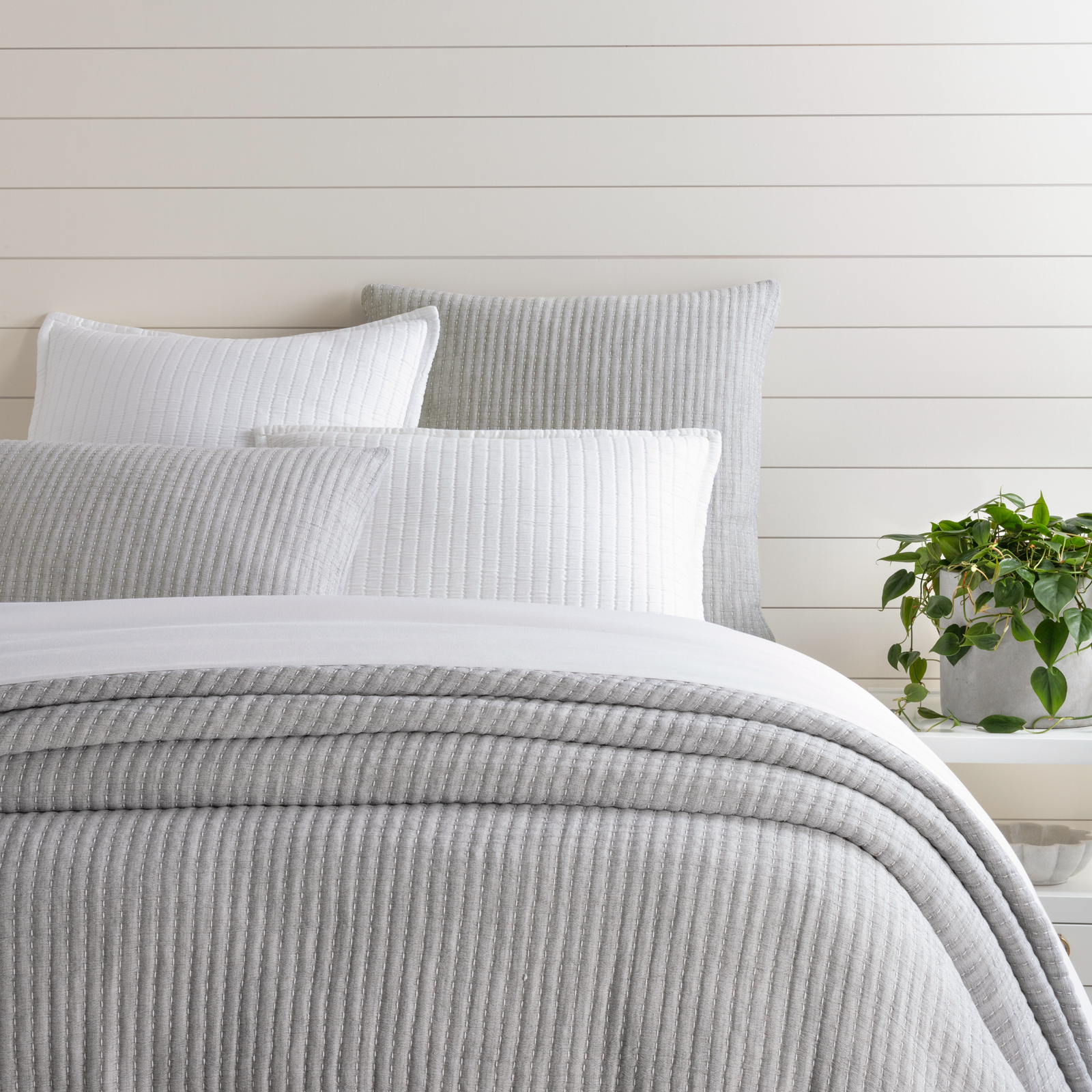 Bed Dressed in Grey Pine Cone Hill Pick Stitch Matelassé Coverlet & Shams