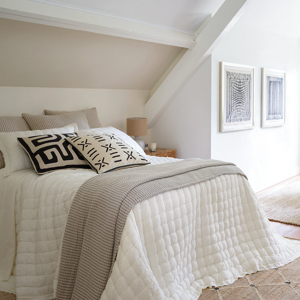 Bed Dressed in Natural Coordinate with Pine Cone Hill Pick Stitch Matelassé Coverlet &amp; Shams