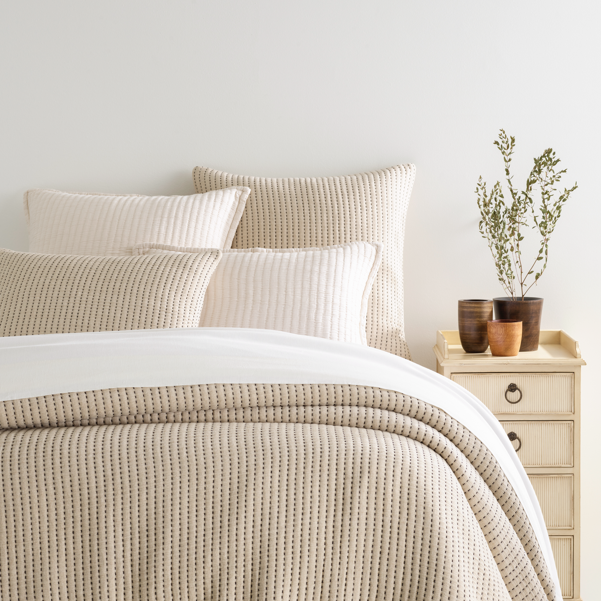 Bed Dressed in Natural Pine Cone Hill Pick Stitch Matelassé Coverlet & Shams