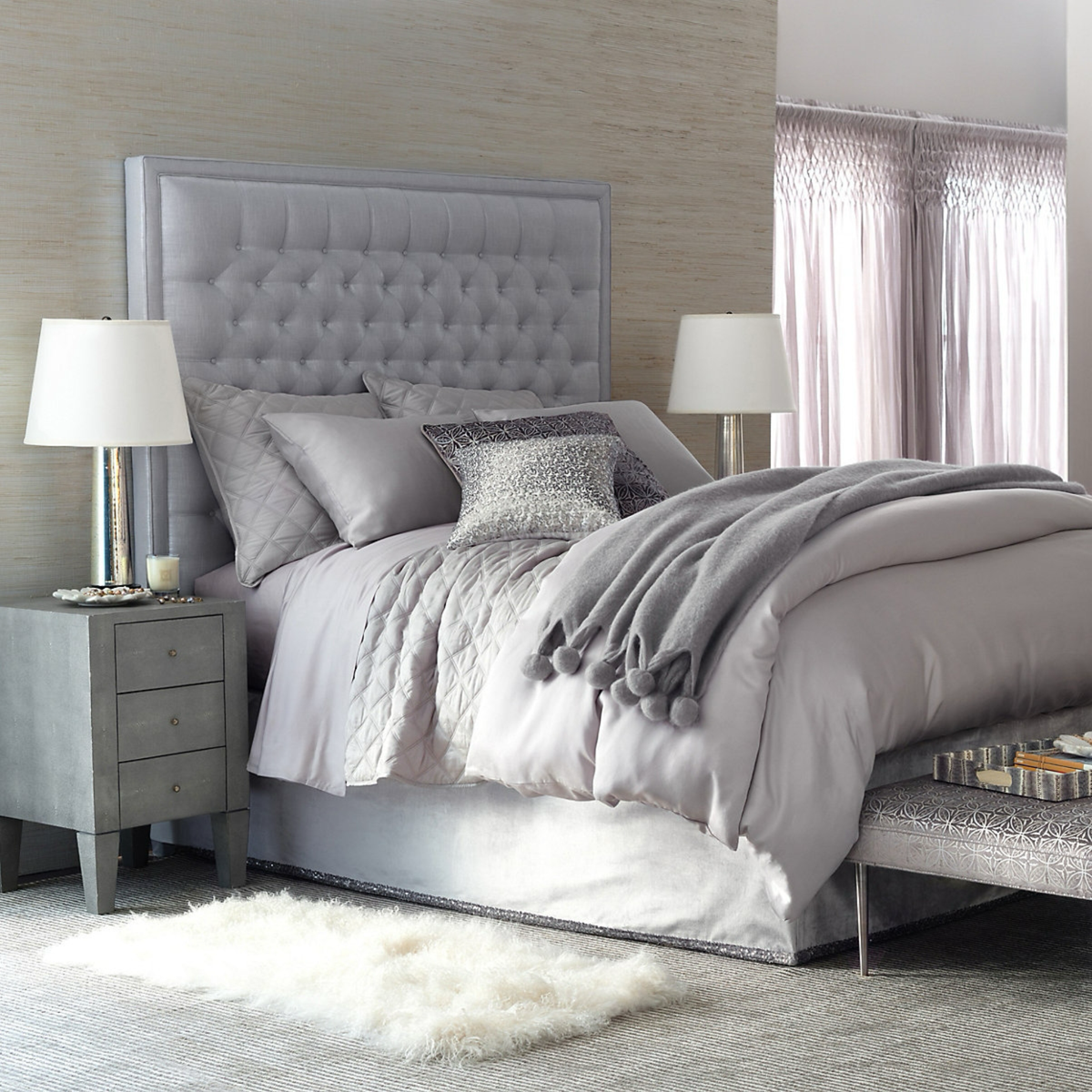 Lifestyle Image of Full Bed with Pine Cone Hill Quilted Silken Solid Coverlet and Shams Collection in Grey Color