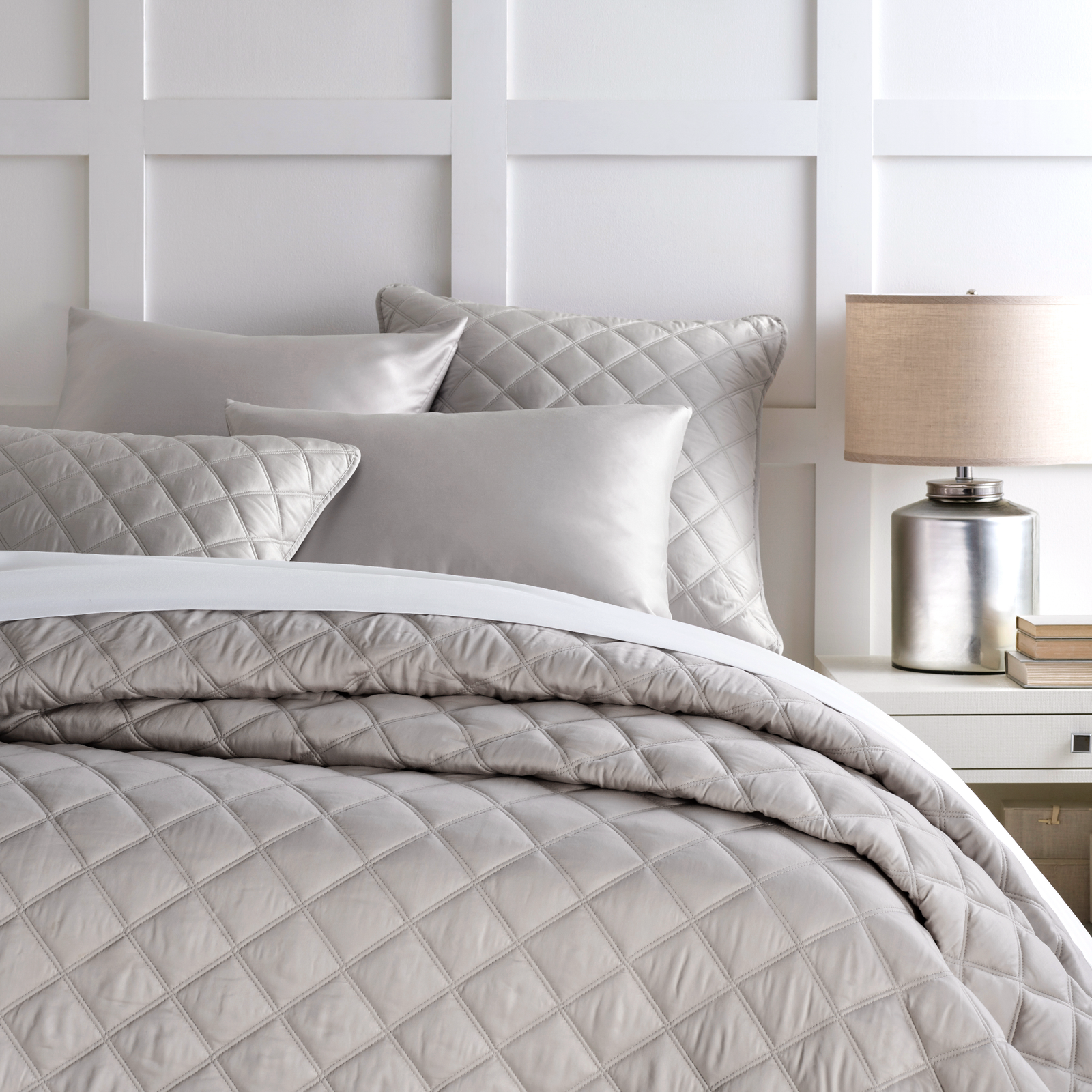 Closeup of Grey Pine Cone Hill Quilted Silken Solid Coverlet on Full Bed