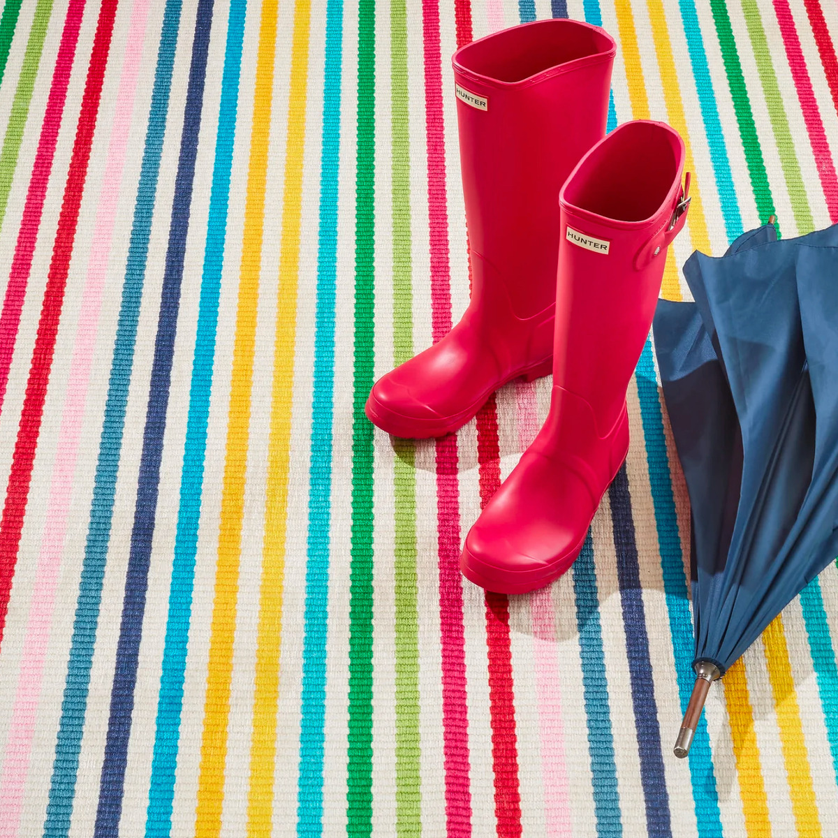 Red Boots on Pine Cone Hill Rainbow Stripe Machine Washable Rug