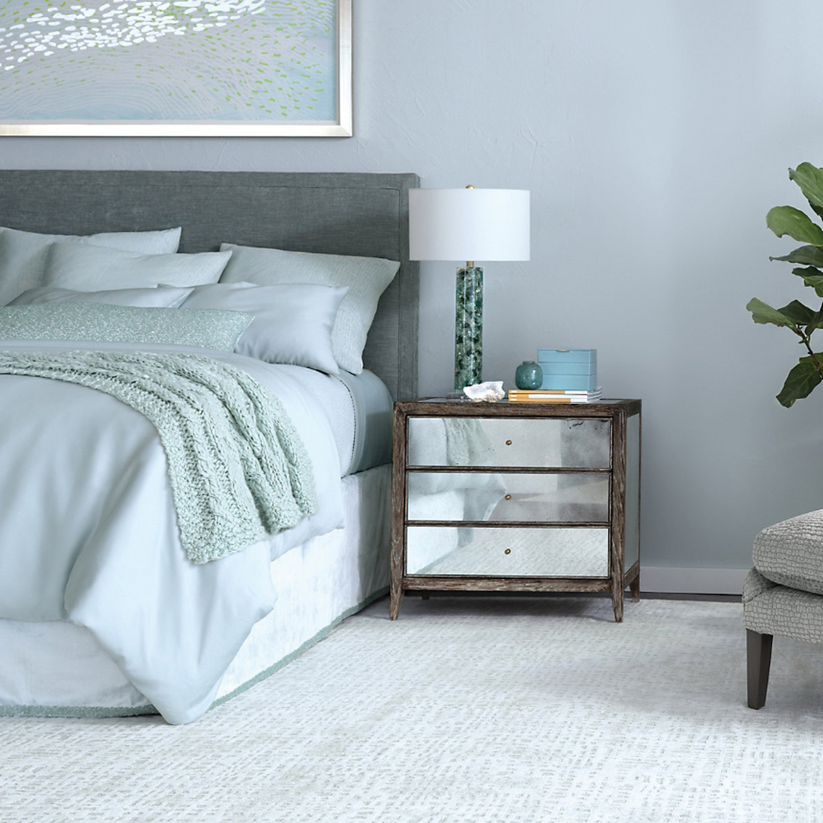 Lifestyle Shot of Pine Cone Hill Silken Solid Bedding in Robin&#39;s Egg Blue Color