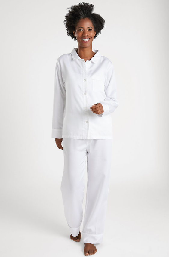 Model Wearing Pine Cone Hill Silken Solid Pajama in Color White
