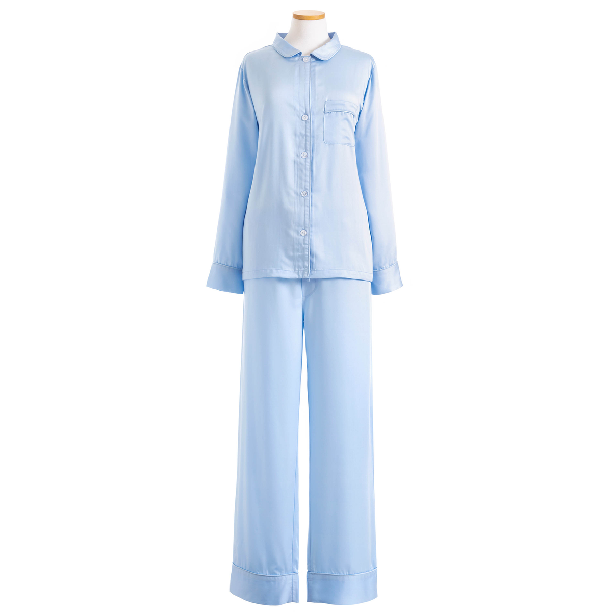 Mannequin wearing a Pine Cone Hill Silken Solid Pajama in Soft Blue Color