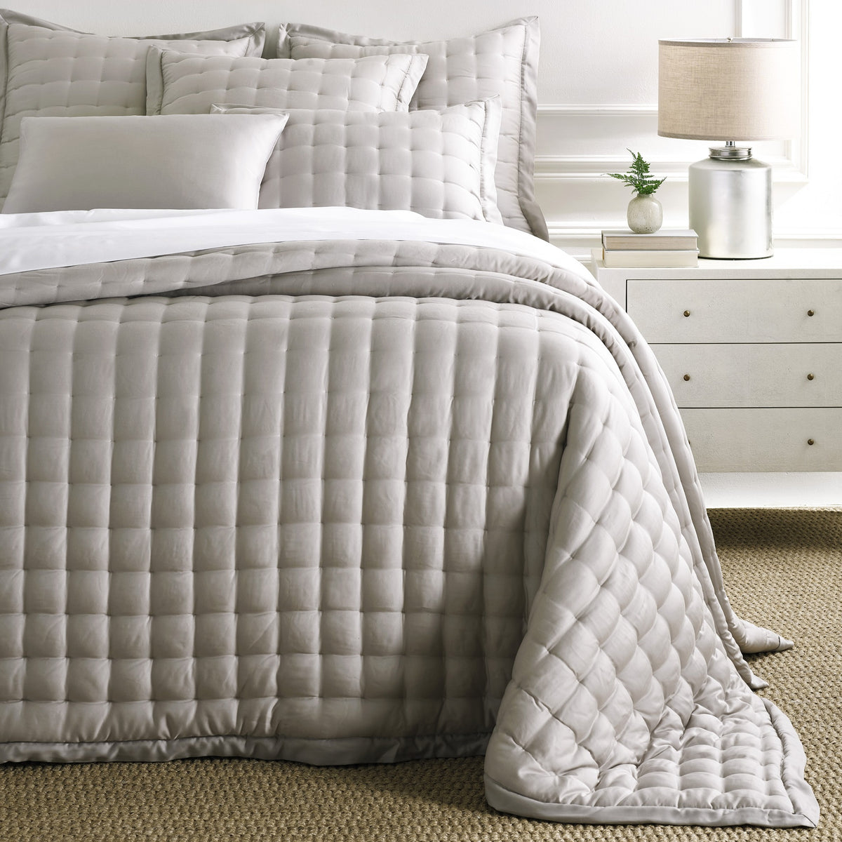 Bed Dressed in Pine Cone Hill Silken Solid Puff in Color Grey