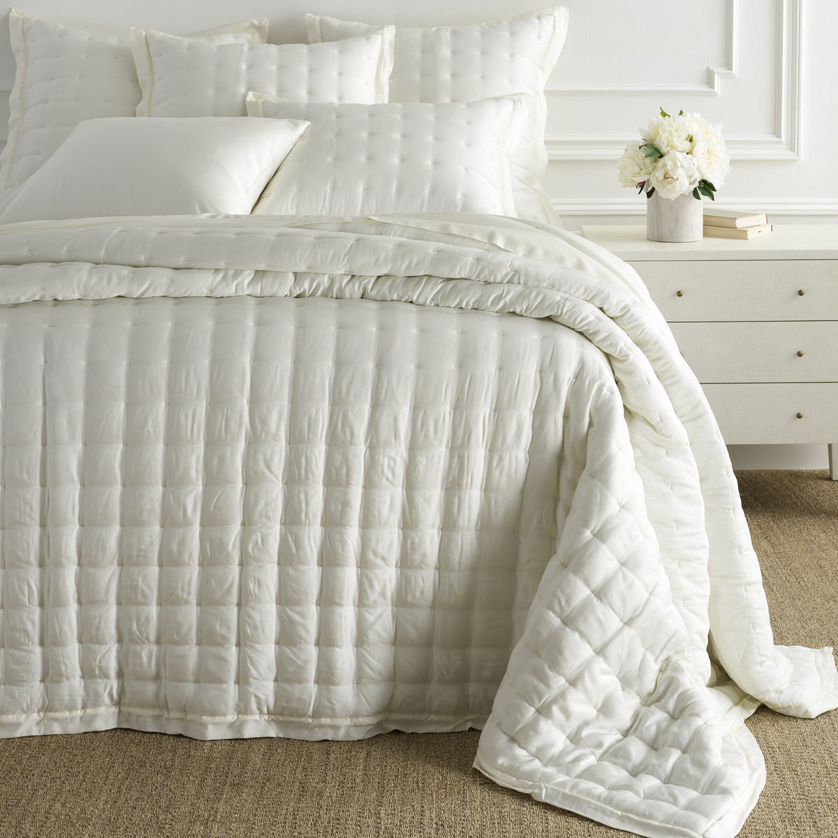 Bed Dressed in Pine Cone Hill Silken Solid Puff in Color Ivory