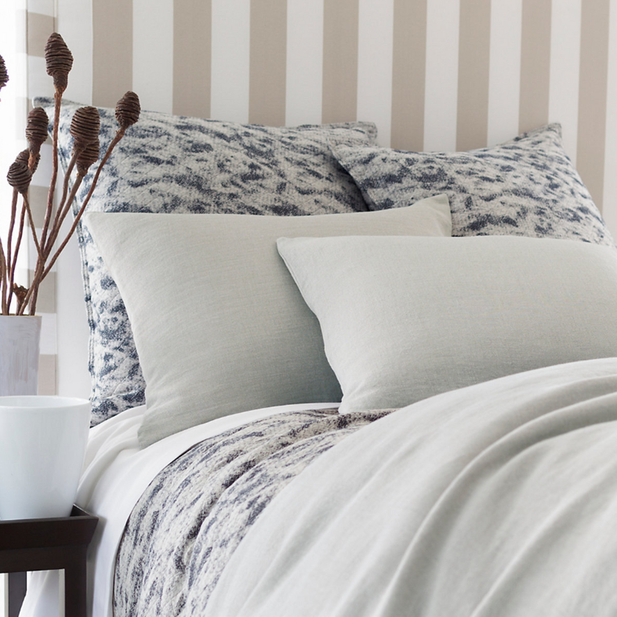 Lifestyle Shot of Pine Cone Hill Stone Washed Linen Bedding in Pearl Grey Color