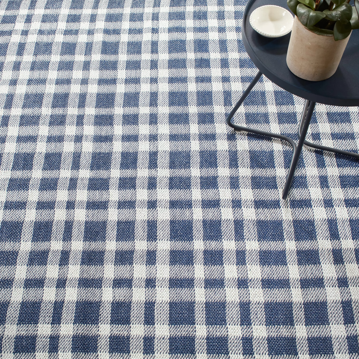 Plant on Pine Cone Hill Tattersall Handwoven Indoor and Outdoor Rug in Navy