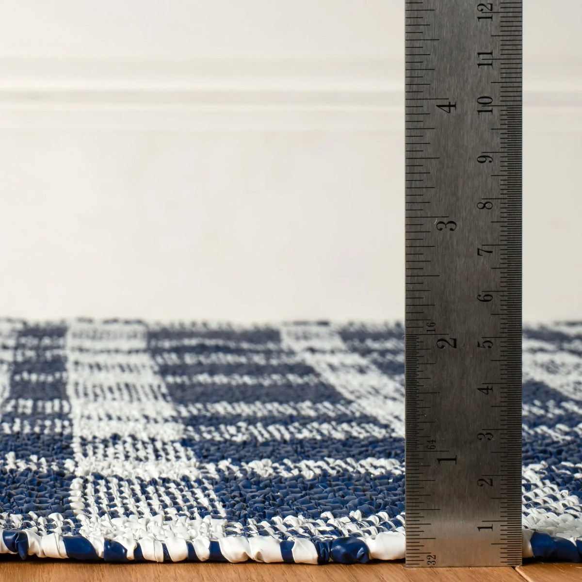 Thickness of Pine Cone Hill Tattersall Handwoven Indoor and Outdoor Rug in Navy