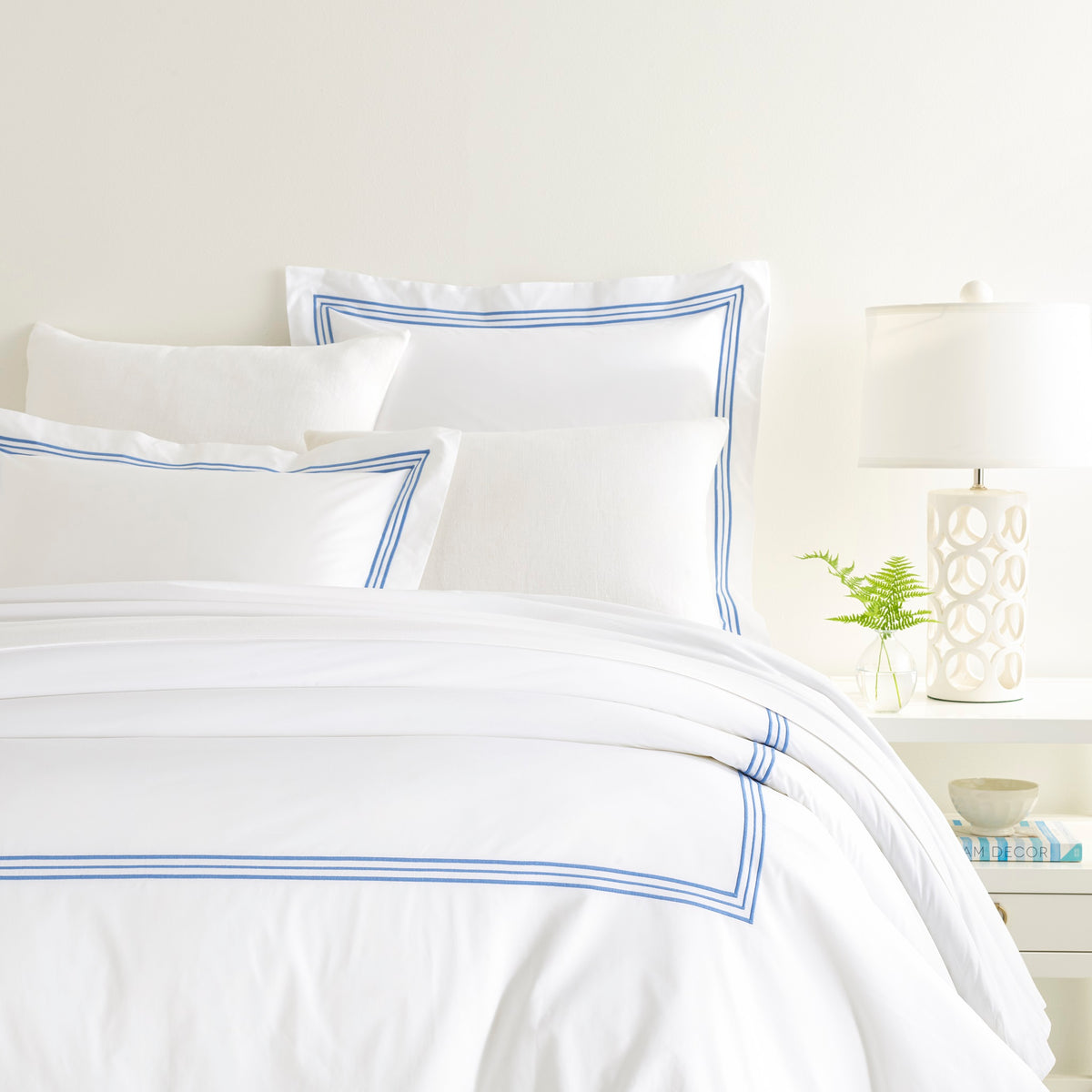 Duvet Cover of Pine Cone Hill Trio in Bed with Shams in Color French Blue