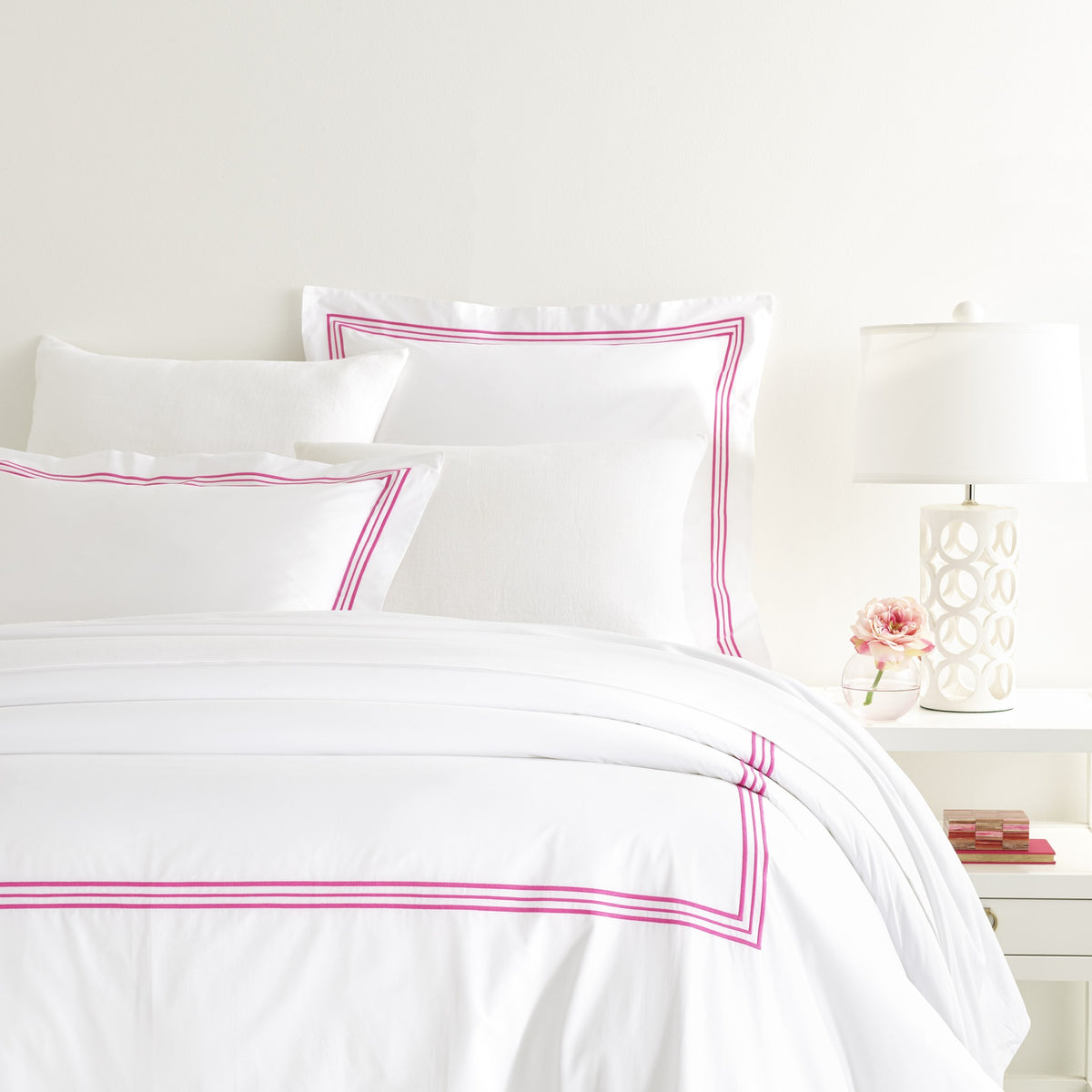 Duvet Cover of Pine Cone Hill Trio in Bed with Shams in Color Fuchsia