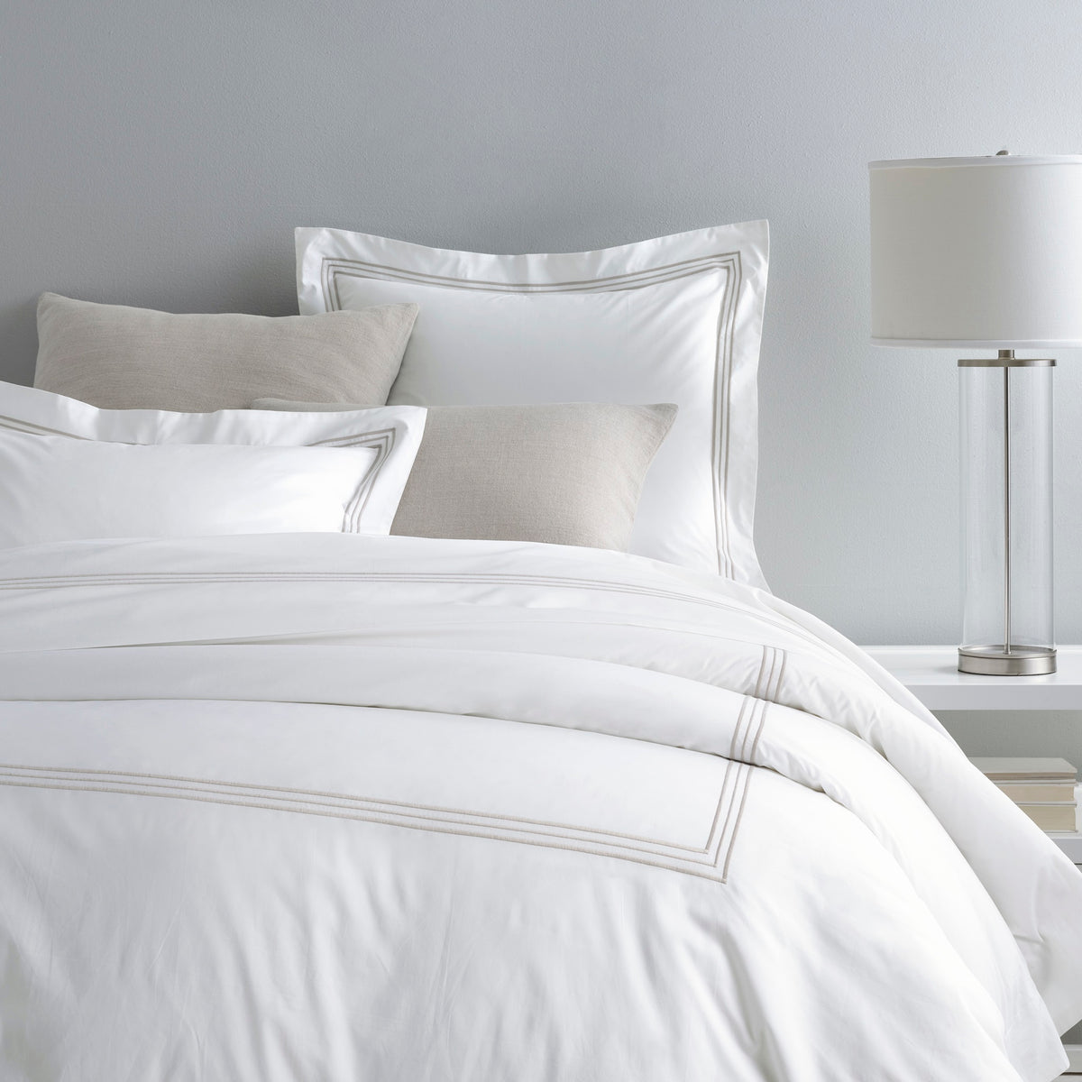 Duvet Cover of Pine Cone Hill Trio in Bed with Shams in Color Pearl Grey