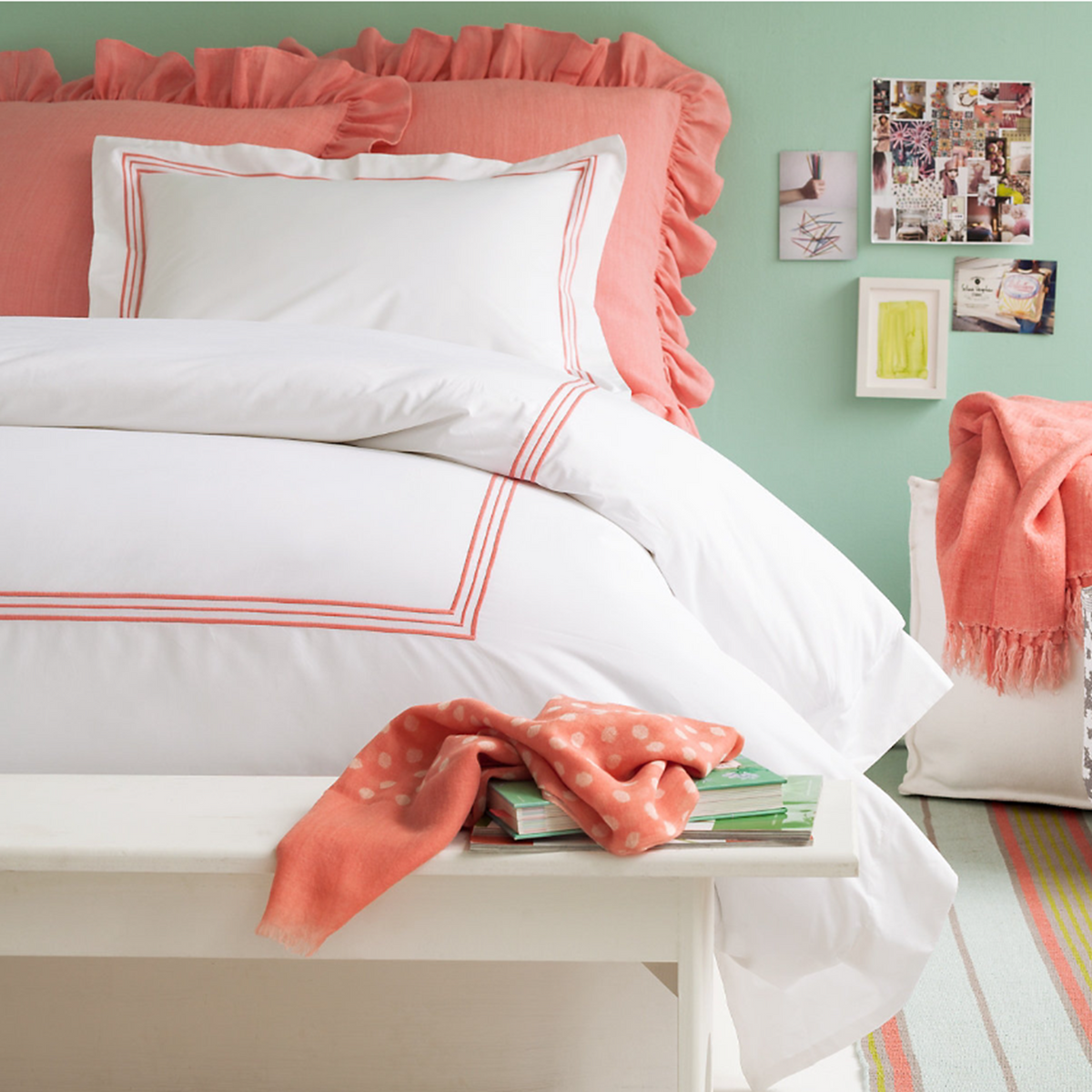 Lifestyle Shot of Pine Cone Hill Trio Bedding in Coral Color