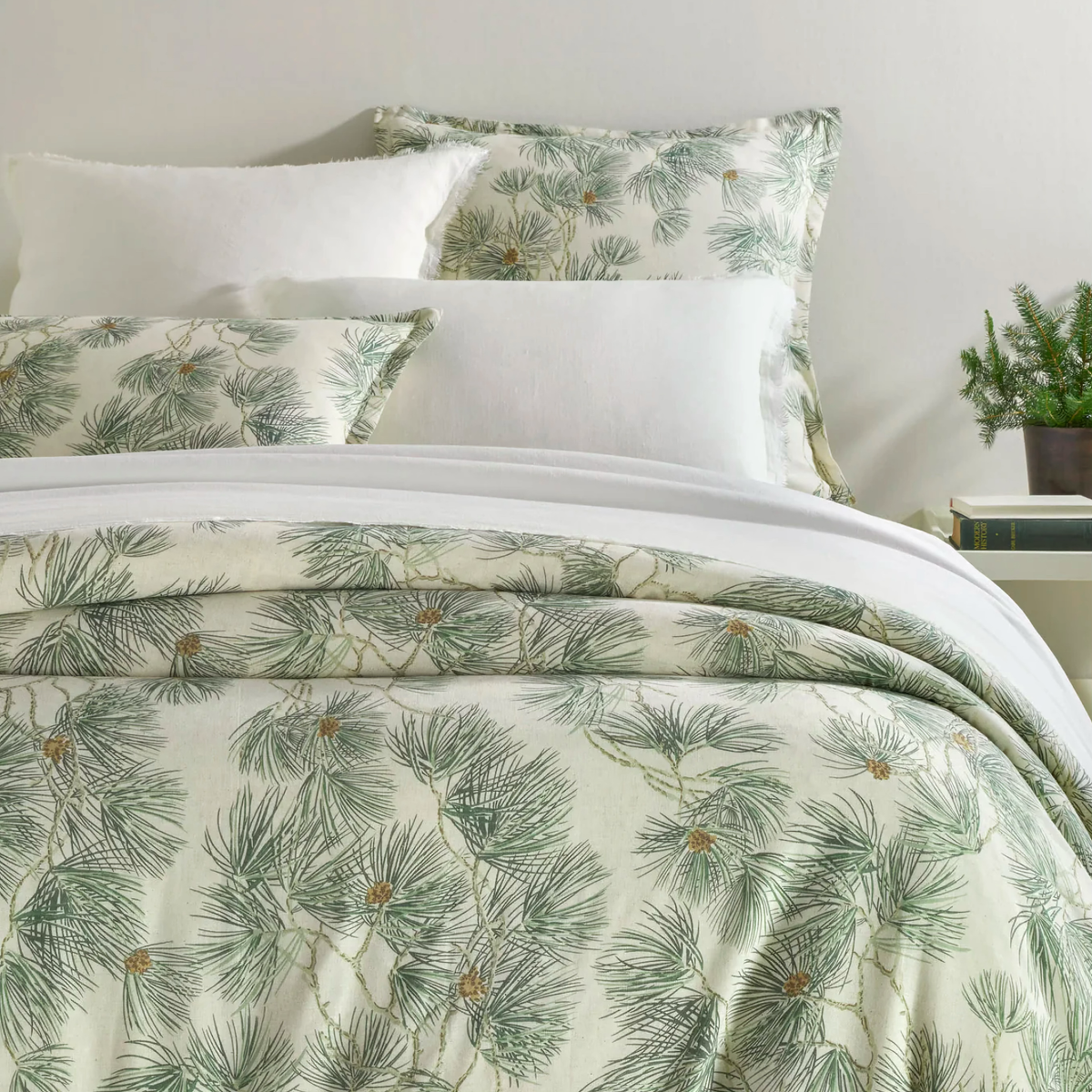 Front View of Pine Cone Hill Vintage Pine Boughs Duvet Cover and Shams in Natural