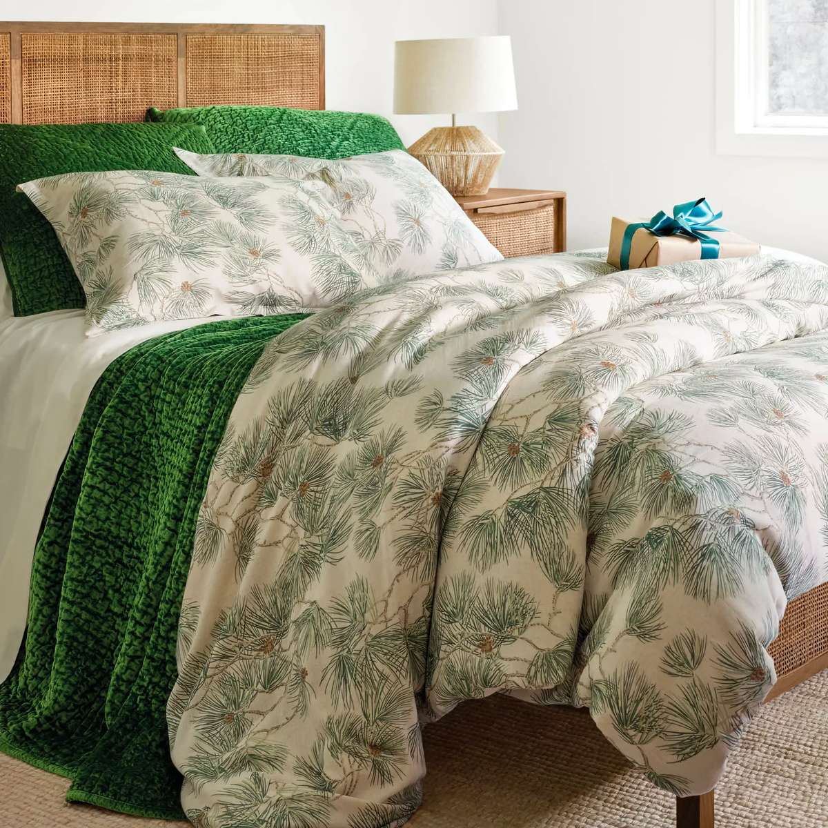 Corner View of Pine Cone Hill Vintage Pine Boughs Duvet Cover and Shams in Natural