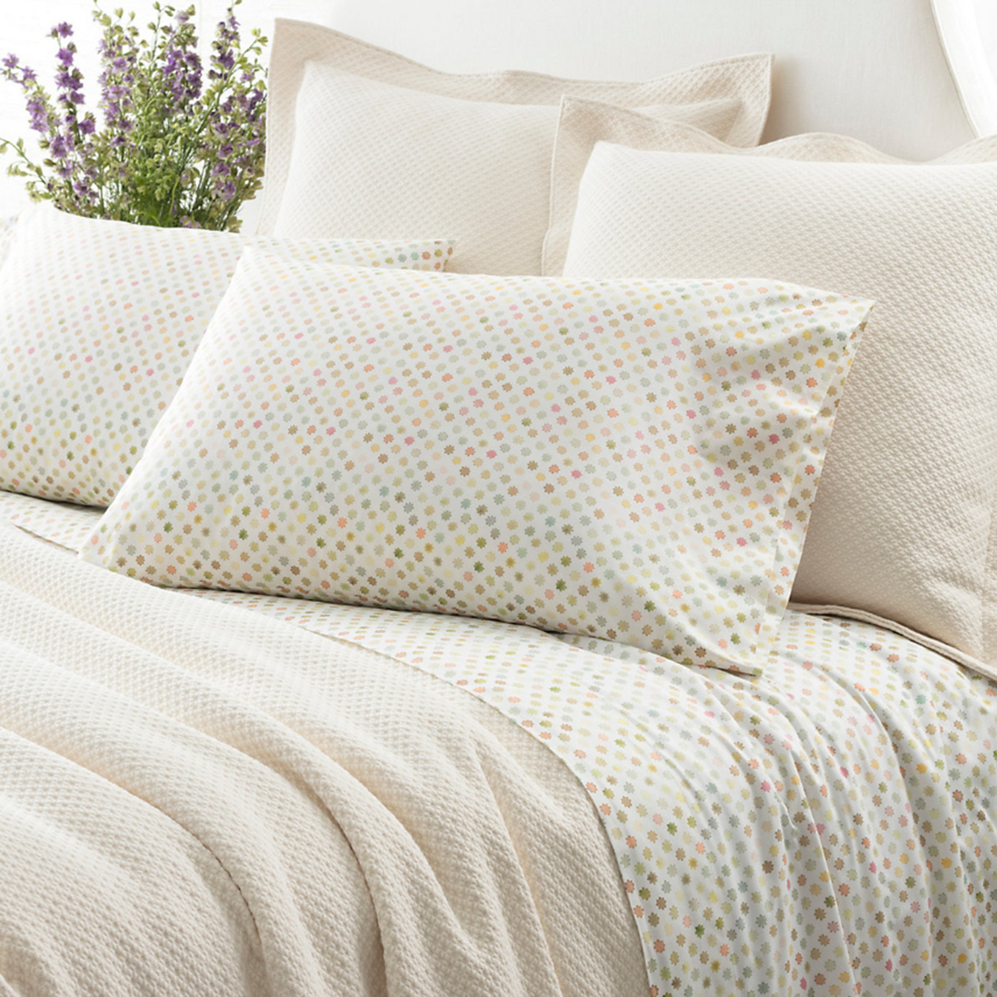 Bed Dressed in Pine Cone Hill Watercolor Dots Bedding