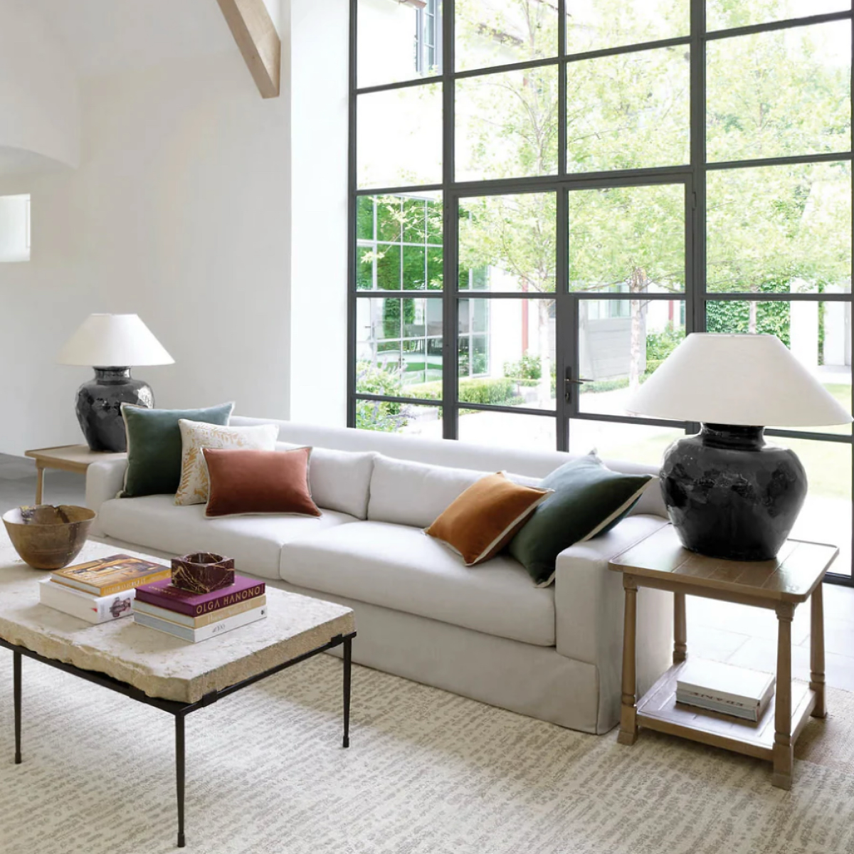 Couch with Pine Cone Hill Marie Flanagan Gehry Velvet/Linen Decorative Pillows in Everglade and Russet