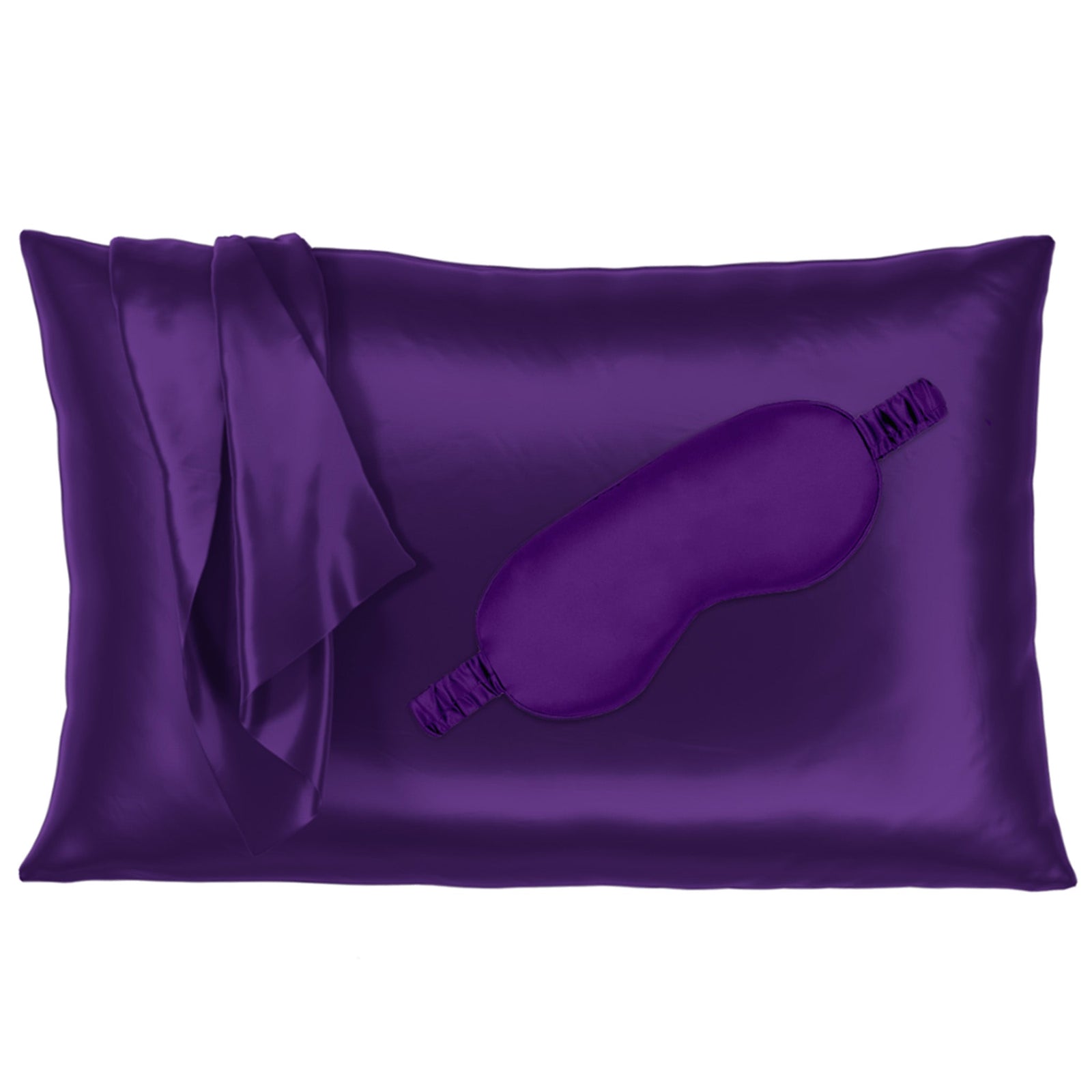 Plum silk pillowcase with matching sleep mask, offering a smooth and luxurious