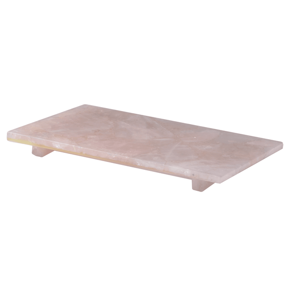 Rectangular rose quartz tray with short legs, crafted from semi-precious gemstones, shown on a white background.